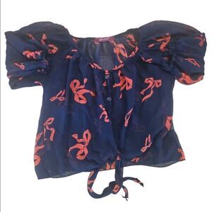 Navy Blue Blouse with Red Bow Print